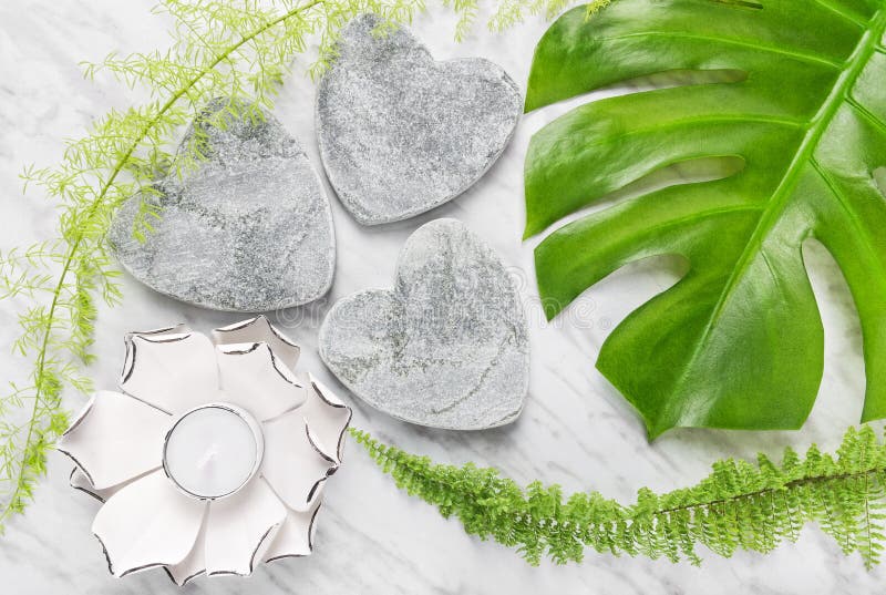 Piante verdi, cuori di pietra e candela del loto immagini stock libere da diritti Piante verdi, cuori di pietra e candela del loto immagini stock libere da diritti