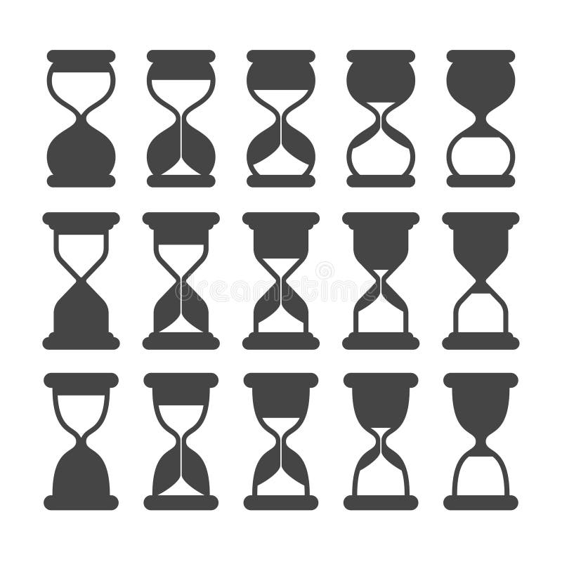 Piaska zegaru lub zegaru sylwetki symbole Retro hourglass, wydychane czarne wektorowe ikony odizolowywać ilustracji Piaska zegaru lub zegaru sylwetki symbole Retro hourglass, wydychane czarne wektorowe ikony odizolowywać ilustracji