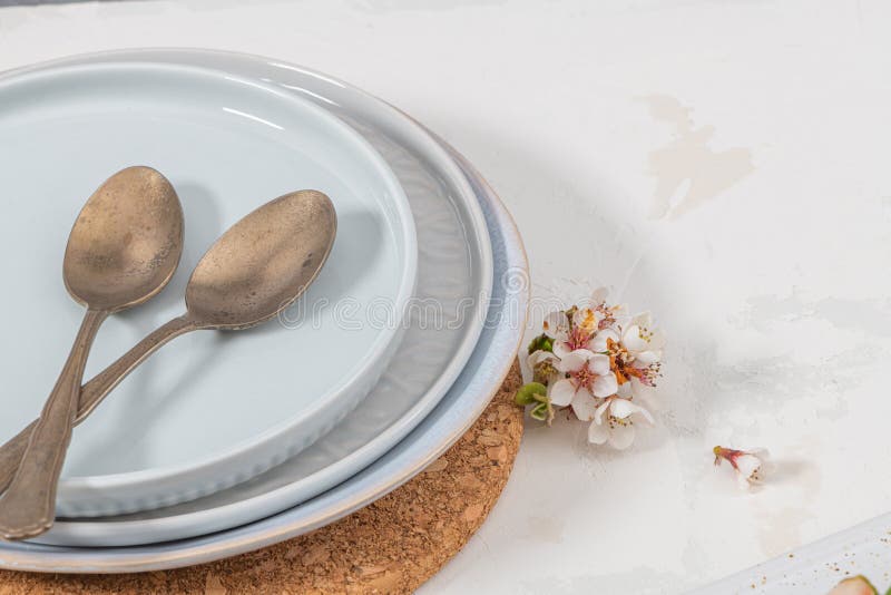 Empty plate onwhite table. Food background for menu, recipe. Table setting. Flatlay, top view. Mockup for restaurant dish. Empty plate onwhite table. Food background for menu, recipe. Table setting. Flatlay, top view. Mockup for restaurant dish.