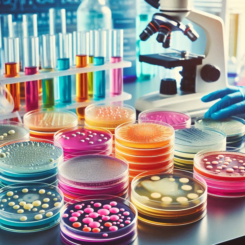 Piastre colorate di Petri con vari tubi di prova per colture batteriche e microscopio su un banco da laboratorio royalty illustrazione gratis