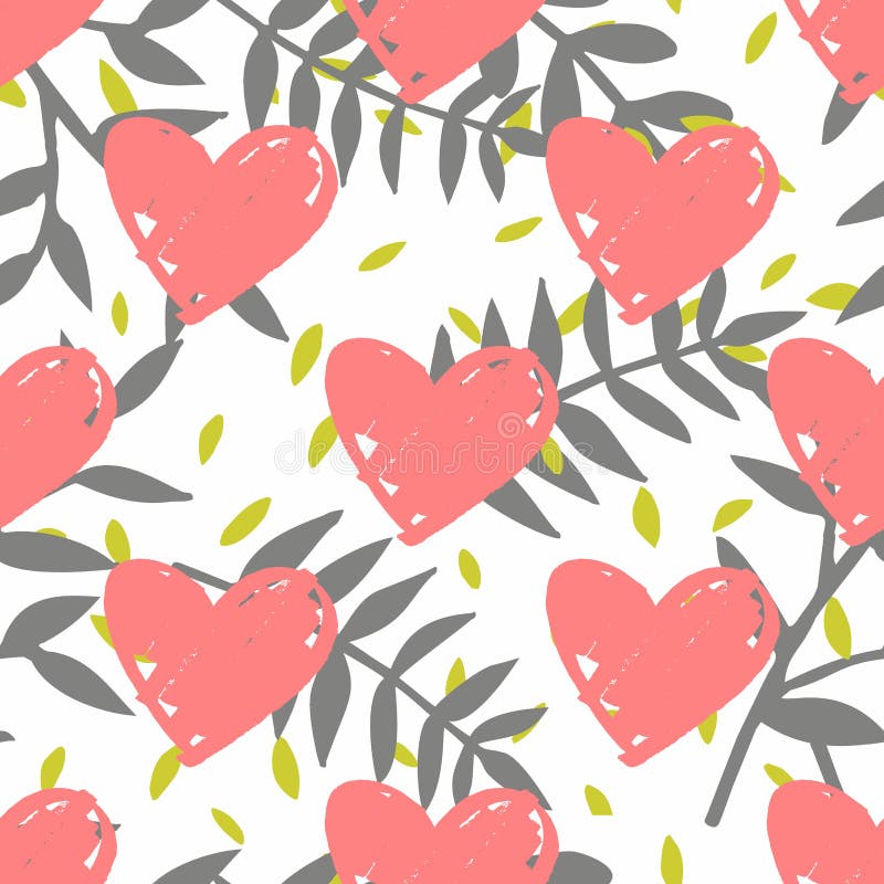 Piastrelli il modello tropicale di vettore con le foglie esotiche ed i cuori rosa su fondo bianco royalty illustrazione gratis Piastrelli il modello tropicale di vettore con le foglie esotiche ed i cuori rosa su fondo bianco royalty illustrazione gratis