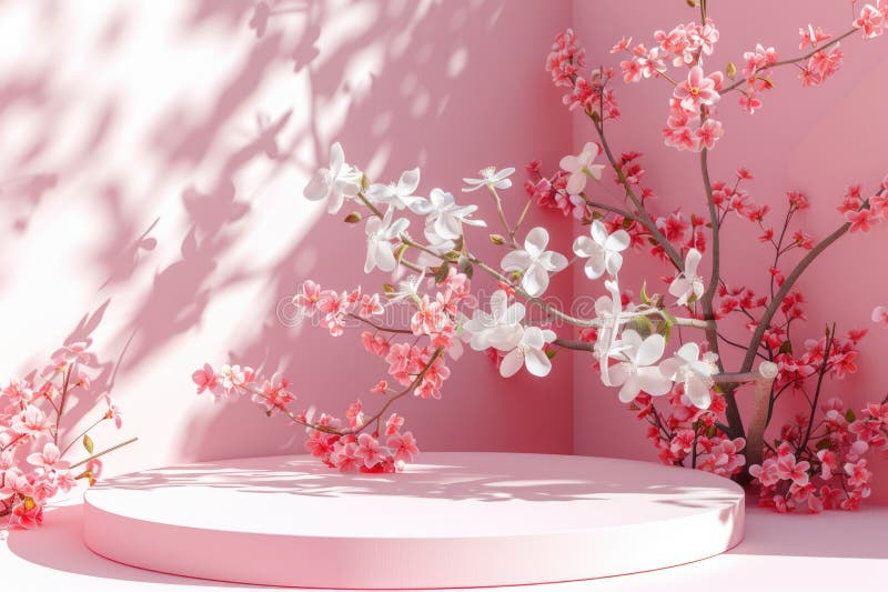Piattaforma bianca con fiori rosa immagine stock