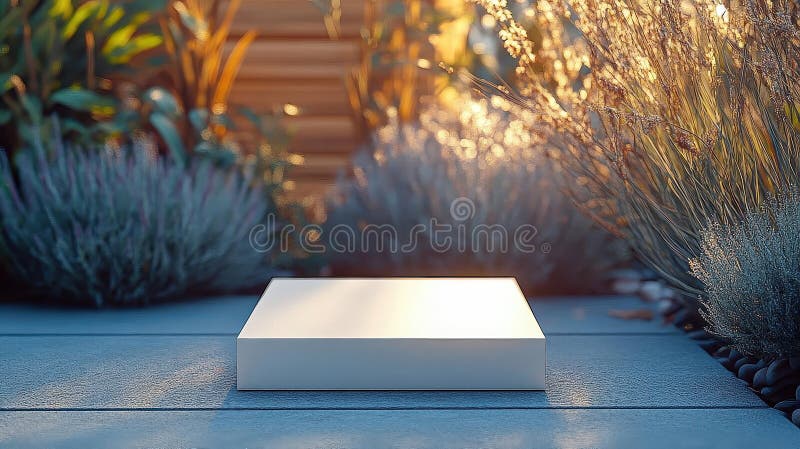 Piattaforma bianca su calcestruzzo in giardino con luce tramonto fotografia stock