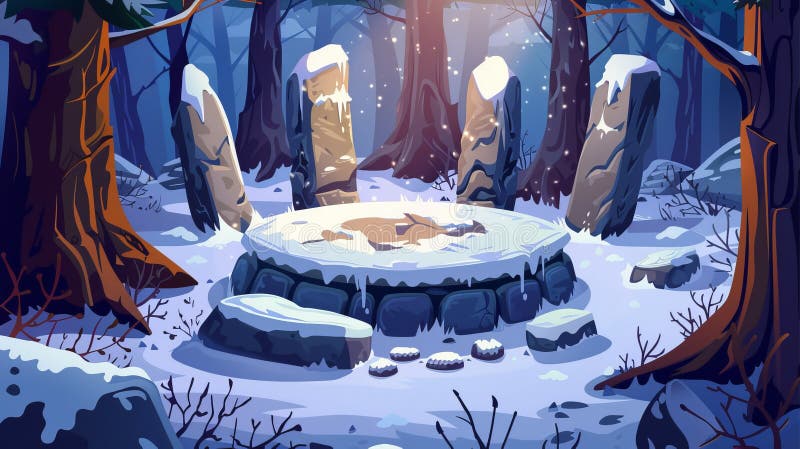 Celtic round stone platform in winter forest with white snow trees and abandoned sacred altar. Modern cartoon illustration of woods landscape with white snow trees.. AI generated. Celtic round stone platform in winter forest with white snow trees and abandoned sacred altar. Modern cartoon illustration of woods landscape with white snow trees.. AI generated