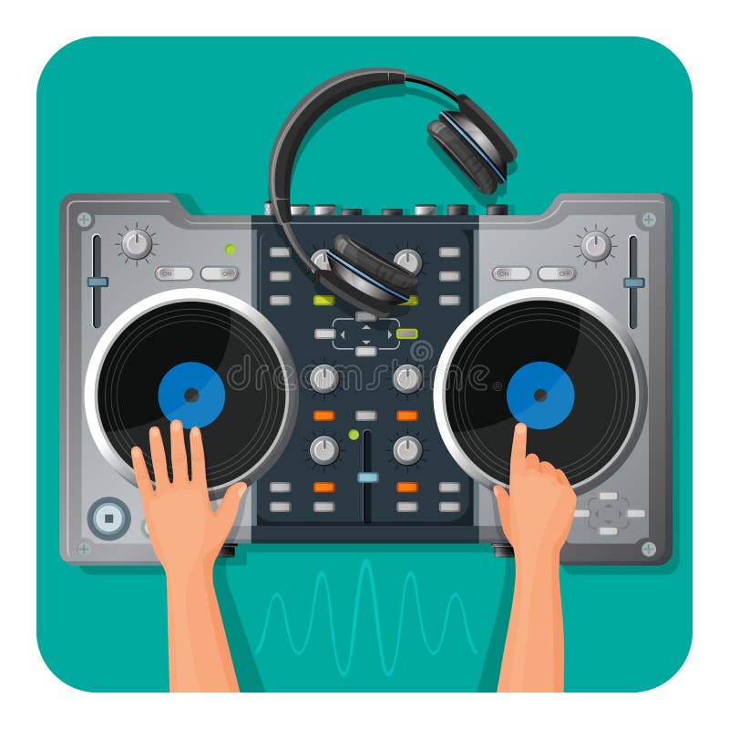 Piattaforma girevole del DJ, cuffie moderne e mani umane che giocano la musica royalty illustrazione gratis Piattaforma girevole del DJ, cuffie moderne e mani umane che giocano la musica royalty illustrazione gratis