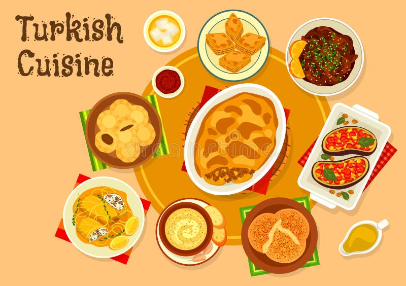 Piatti turchi della carne di cucina con l'icona del dessert illustrazione di stock