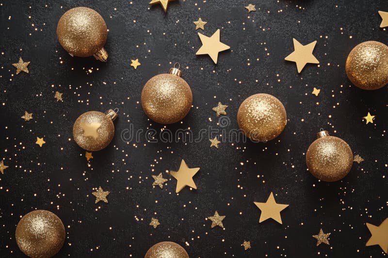 Piatto elegante di ornamenti natalizi d'oro, comprese le palle e le stelle su sfondo scuro illustrazione vettoriale