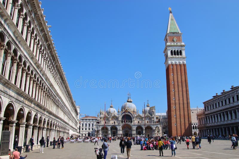 Piazza San Marco with Basilica Saint Mark and the bell tower Campanile. Venice, Italy.