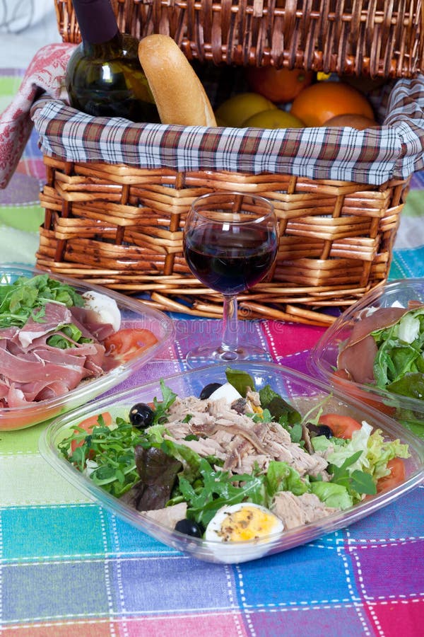 Picnic basket and salads stock image. Image of fast 24549727