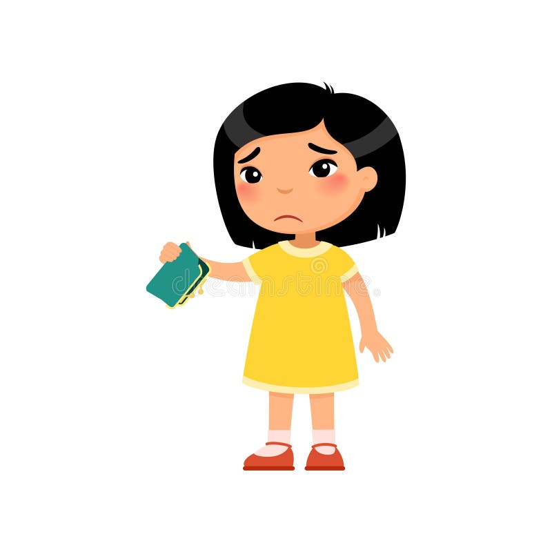 Little asian girl with empty wallet in hand flat vector illustration. Upset poor child cartoon character. Poverty, unemployed person in need. Frustrated little kid isolated design element on white. Little asian girl with empty wallet in hand flat vector illustration. Upset poor child cartoon character. Poverty, unemployed person in need. Frustrated little kid isolated design element on white