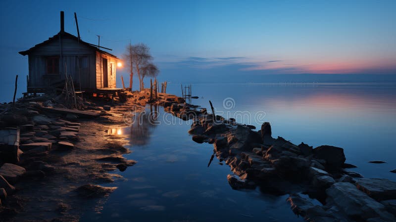 A rustic coastal house stands next to the blue sea during the evening, creating a tranquil scene. A rustic coastal house stands next to the blue sea during the evening, creating a tranquil scene.