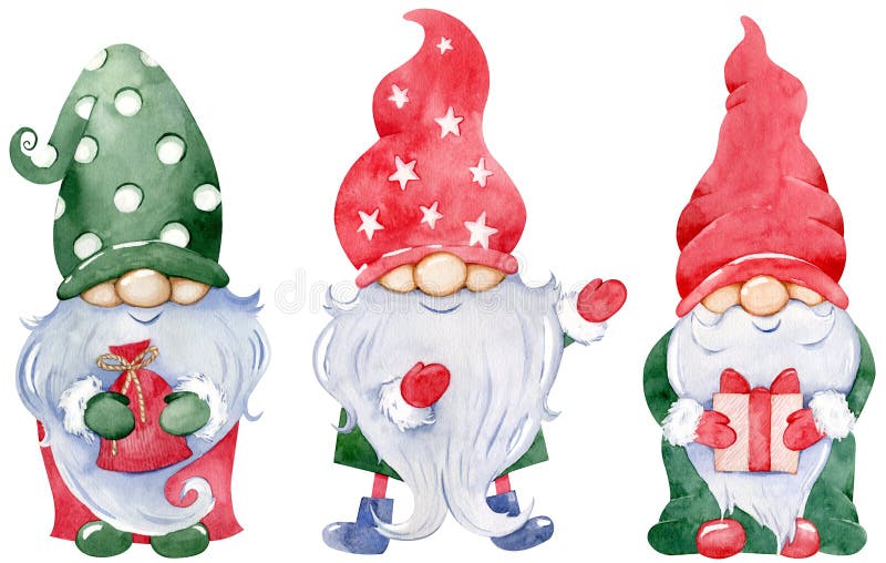 Piccola collezione di Natale gnomo. acquerello dei nuovi anni gnomi con regali in cappelli colorati verdi e rossi