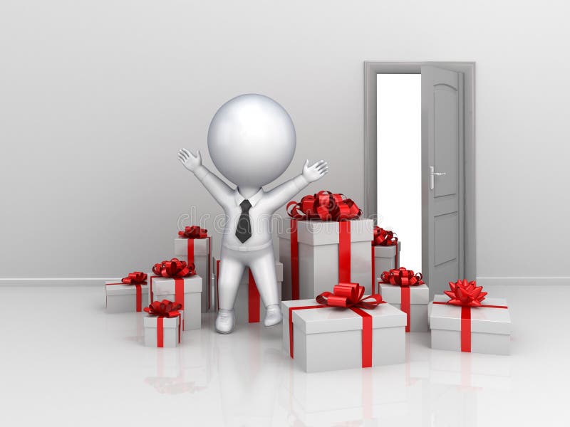 Piccola persona felice 3d con molti contenitori di regalo. royalty illustrazione gratis Piccola persona felice 3d con molti contenitori di regalo. royalty illustrazione gratis