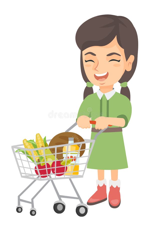 Piccola ragazza caucasica con il suo carrello di acquisto illustrazione di stock Piccola ragazza caucasica con il suo carrello di acquisto illustrazione di stock