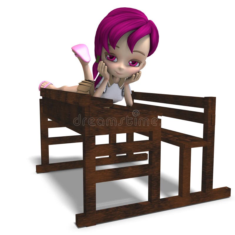 Cute little cartoon school girl sitting on a school form. 3D rendering with clipping path and shadow over white. Cute little cartoon school girl sitting on a school form. 3D rendering with clipping path and shadow over white