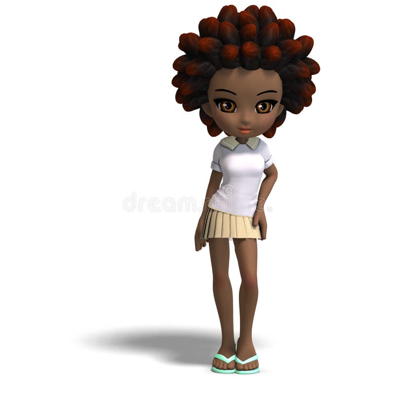 Cute little cartoon school girl with curly hair. 3D rendering with clipping path and shadow over white. Cute little cartoon school girl with curly hair. 3D rendering with clipping path and shadow over white