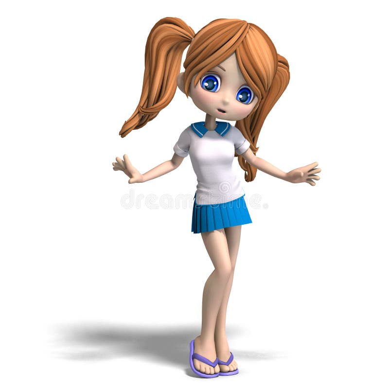 Cute little cartoon school girl with pigtails. 3D rendering with clipping path and shadow over white. Cute little cartoon school girl with pigtails. 3D rendering with clipping path and shadow over white