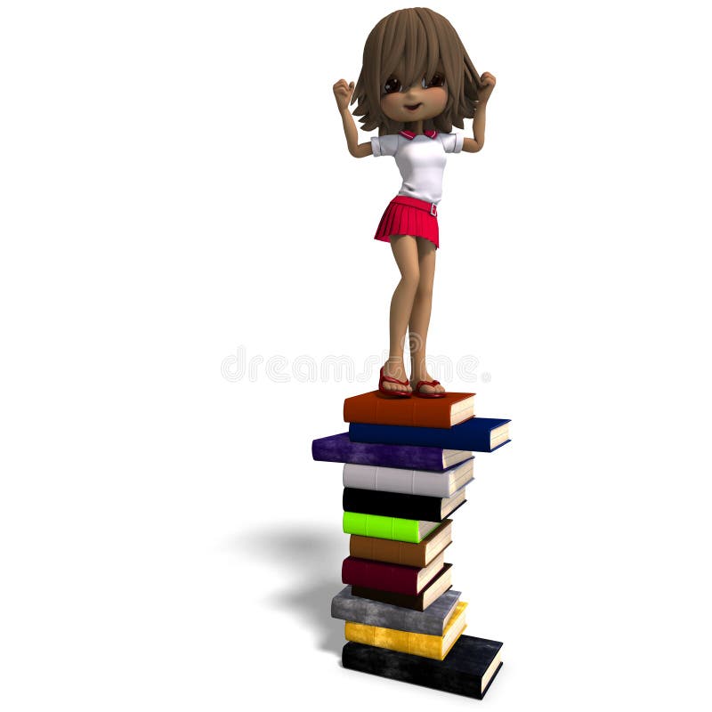 Cute little cartoon school girl with many books. 3D rendering with clipping path and shadow over white. Cute little cartoon school girl with many books. 3D rendering with clipping path and shadow over white