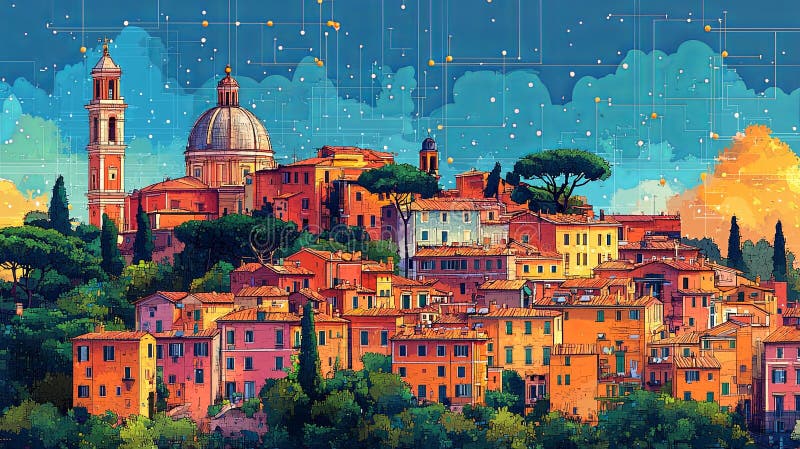Piccole città italiane di alto livello con un'architettura vivace e un paesaggio variopinto illustrazione vettoriale