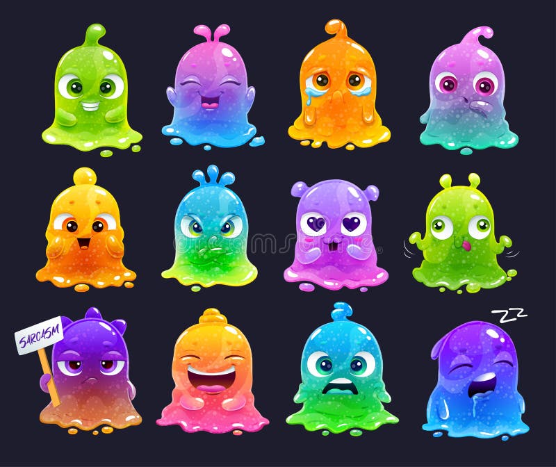 Little cute cartoon colorful glitter slime characters set. Jelly emoji set. Vector comic slimy aliens stickers. Little cute cartoon colorful glitter slime characters set. Jelly emoji set. Vector comic slimy aliens stickers.