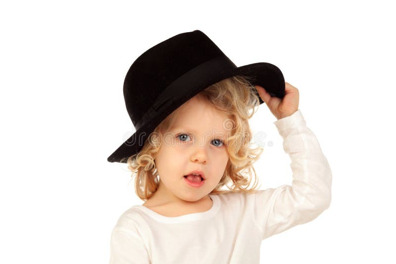 Piccolo Bambino Biondo Divertente Con Black Hat Immagine Stock