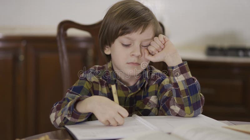 Piccolo bambino del ritratto che si siede a casa sulla tavola con a molti taccuini e carte Compito di studio del ragazzo