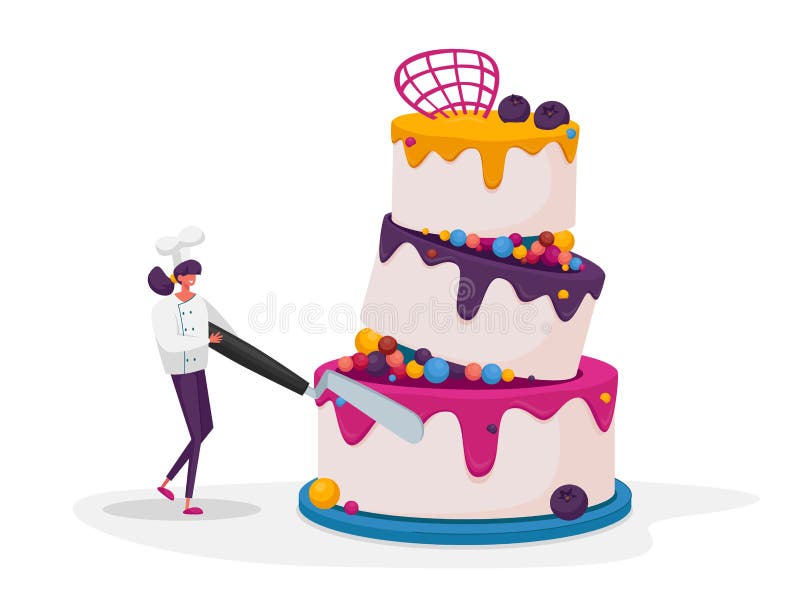 Piccolo carattere femminile di confetteria in uniforme superiore e decorato in toque decorano grandissime torte da festeggiare uti