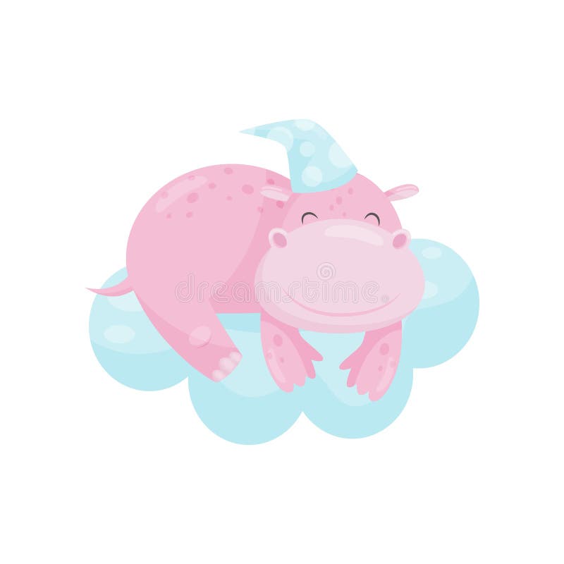 Piccolo ippopotamo sveglio che dorme su una nuvola, personaggio dei cartoni animati animale adorabile, elemento di progettazione illustrazione vettoriale Piccolo ippopotamo sveglio che dorme su una nuvola, personaggio dei cartoni animati animale adorabile, elemento di progettazione illustrazione vettoriale