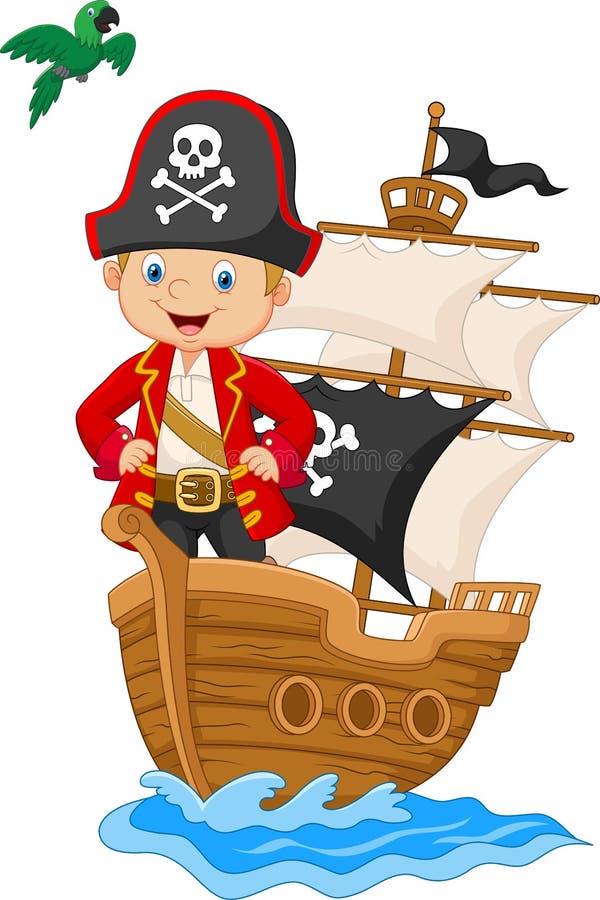 Piccolo pirata del fumetto sulla sua nave illustrazione di stock Piccolo pirata del fumetto sulla sua nave illustrazione di stock