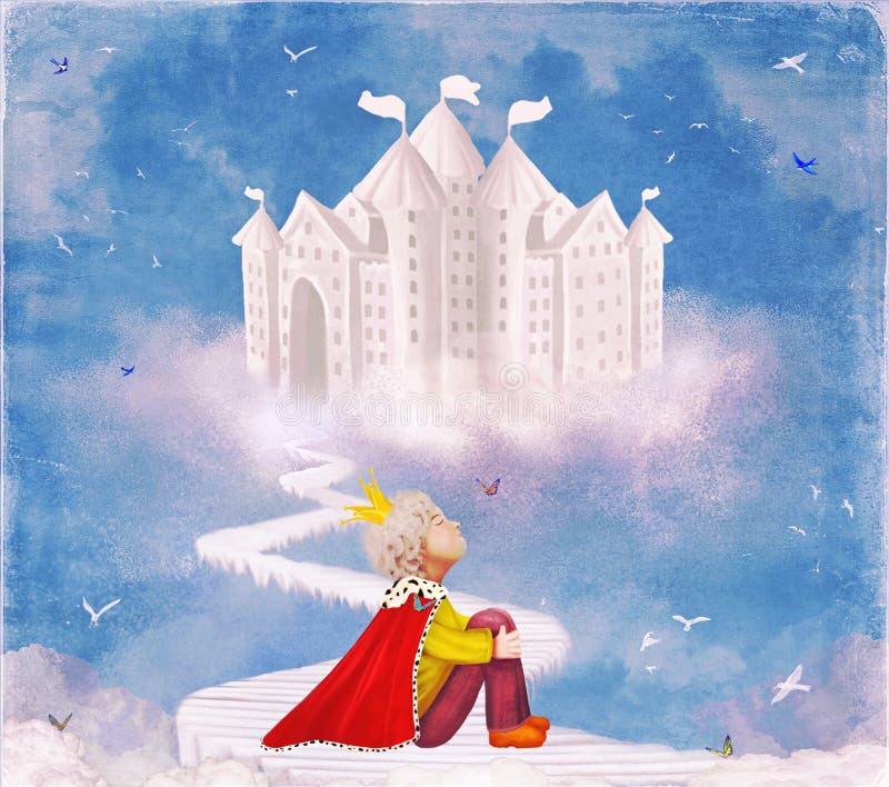 Piccolo principe sul ponte vicino al castello in bello cielo illustrazione di stock Piccolo principe sul ponte vicino al castello in bello cielo illustrazione di stock