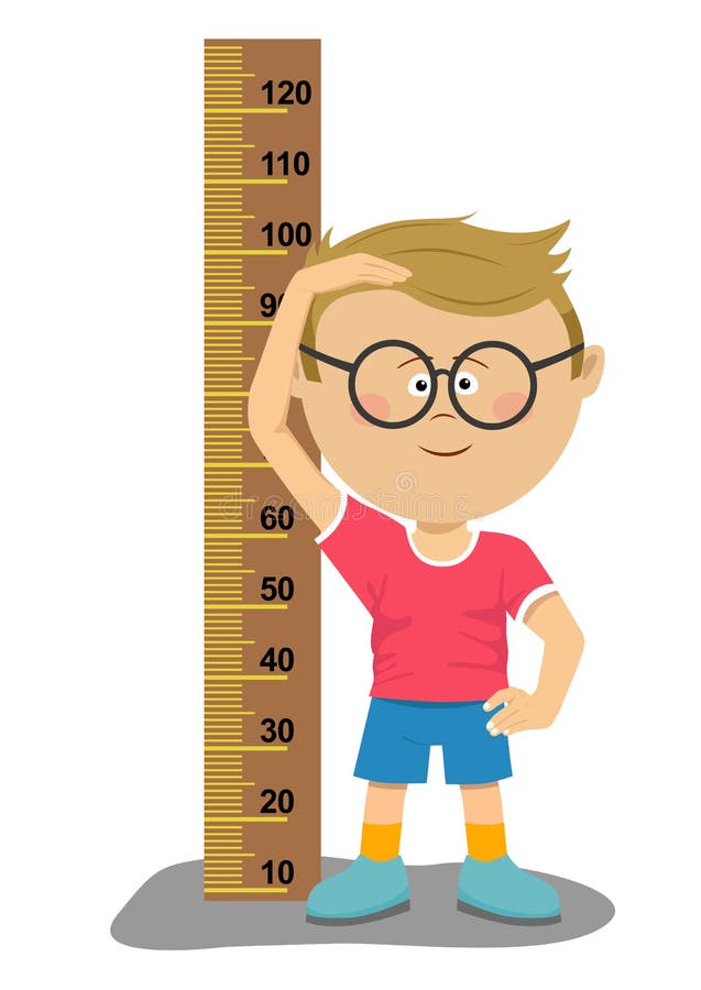 Piccolo ragazzo del nerd con i vetri che misurano la sua altezza illustrazione vettoriale