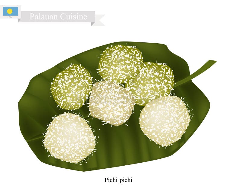 Pichi-Pichi eller Palauan efterrätt som göras av kokosnöten och den Grated kassavan vektor illustrationer Pichi-Pichi eller Palauan efterrätt som göras av kokosnöten och den Grated kassavan vektor illustrationer