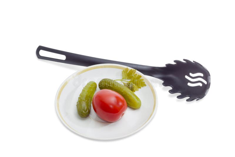 Pickled Cucumbers Tomato Saucer Black Slotted Spoon Stock Photos Free & RoyaltyFree Stock