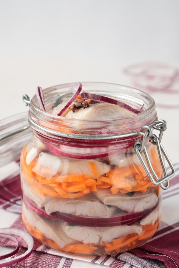 Jar Pickled Herring Onion Carrots Stock Photos Free & RoyaltyFree