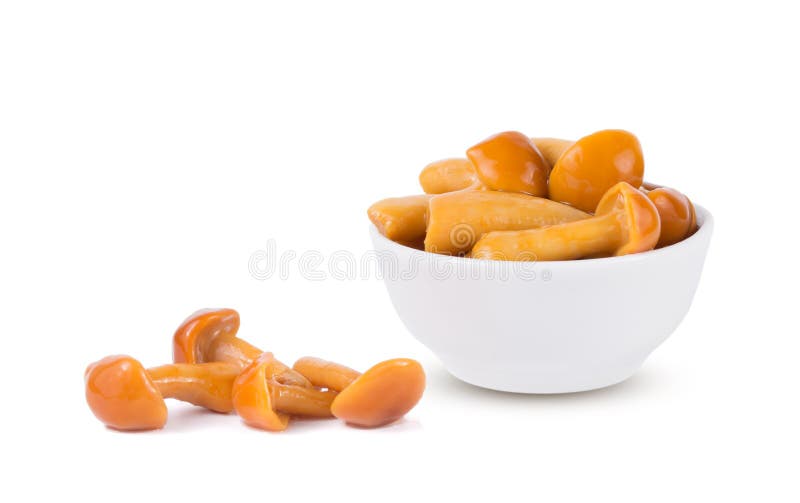 Pickled Mushrooms in Glass Bowl Isolated on White Background Stock