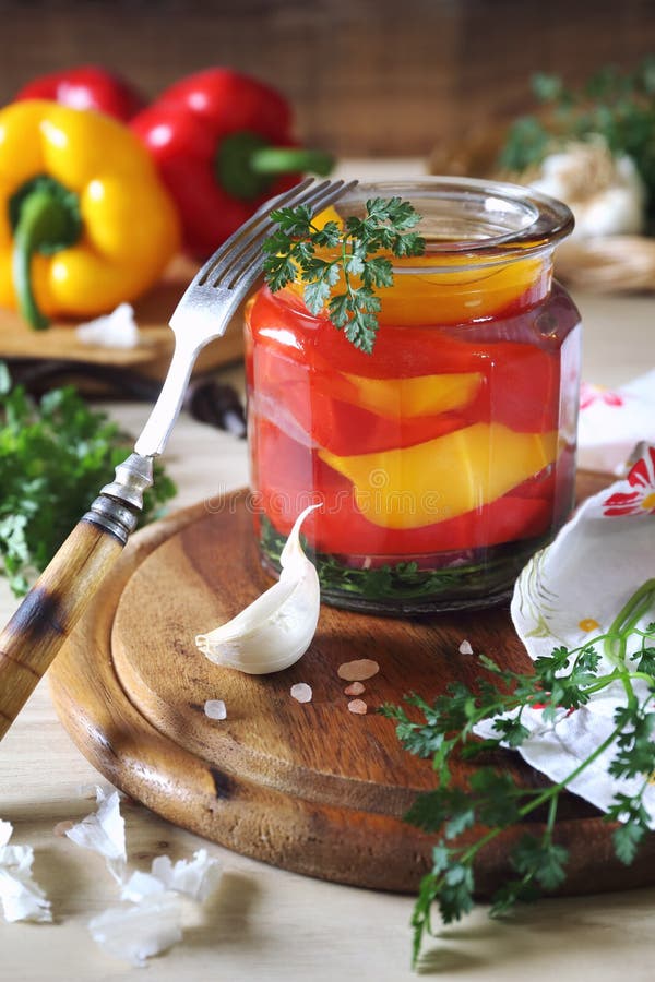 Salad of Pickled Bell Pepper in Jar and Its Ingredients Stock Photo