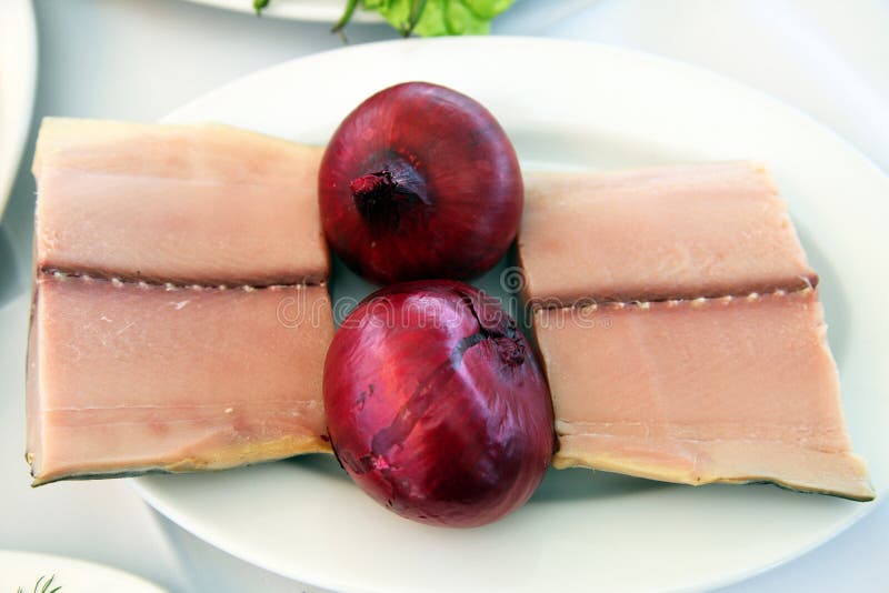 Pickled Tunny with fresh onion stock image Pickled Tunny with fresh onion stock image