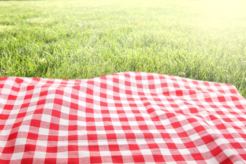 Picknick-Tuch auf grünem Grasboden leerer Platz stockbild