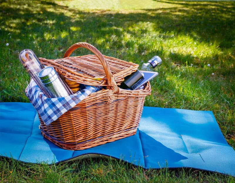 Picknickkorgen på gräset vektor illustrationer