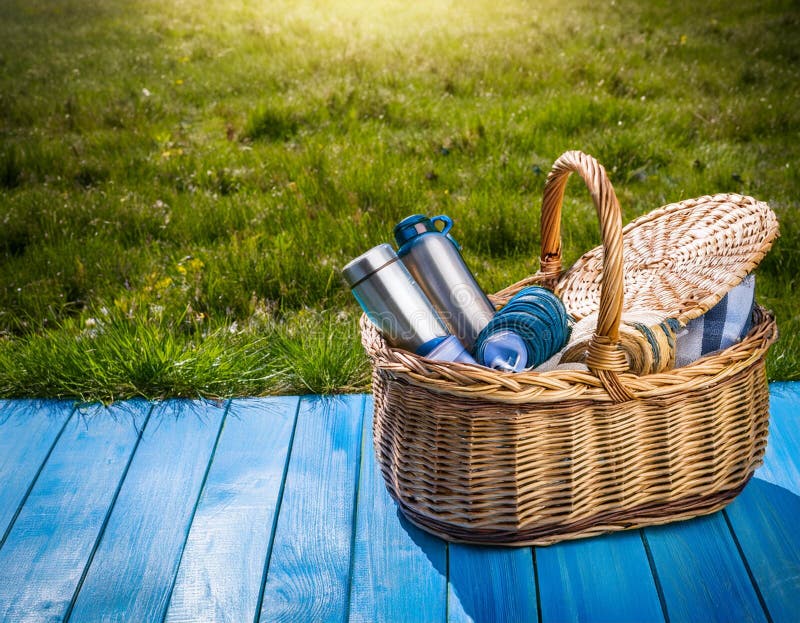 Picknickkorgen på gräset royaltyfri illustrationer