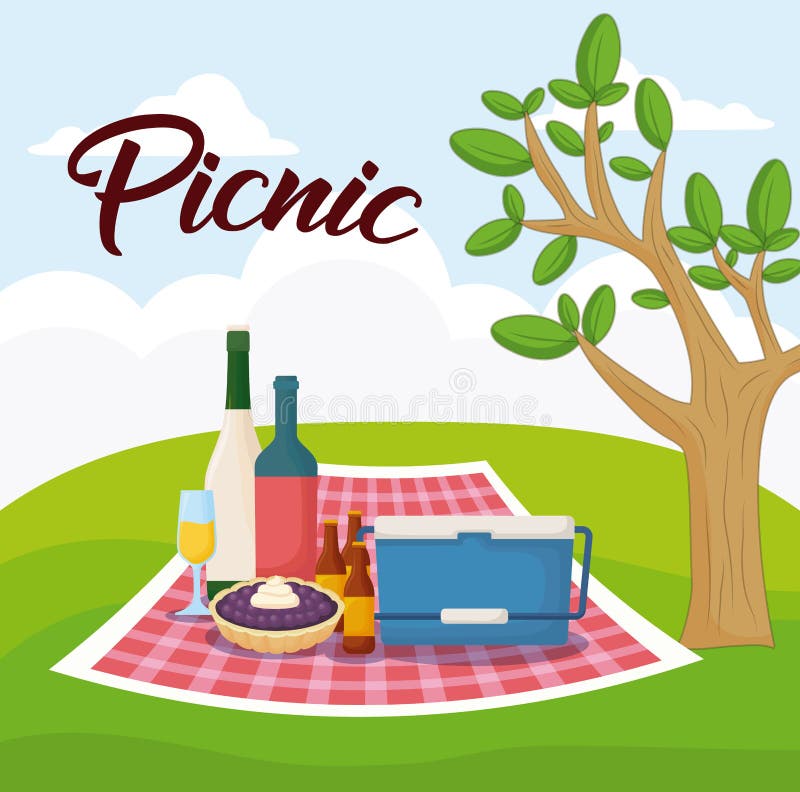 Picknicklebensmitteldesign. Gestalten Sie mit Picknickdecke mit Lebensmittel, buntes Design landschaftlich Auch im corel abgehobenen Betrag