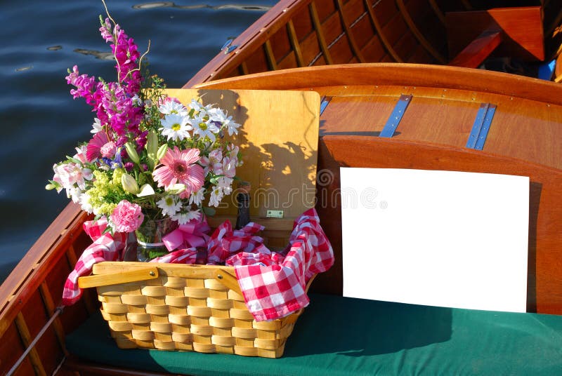 Picnic Basket with Flowers on a Wooden Boat Stock Photo Image of