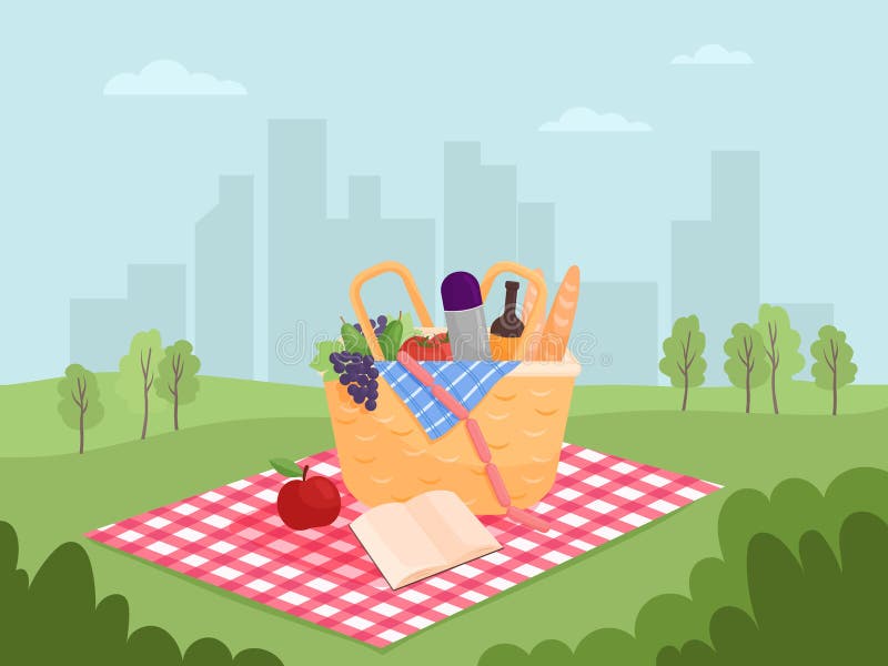 Picnic Basket on the Background of the City. Stock Vector - Illustration of  bread, grass: 185341946
