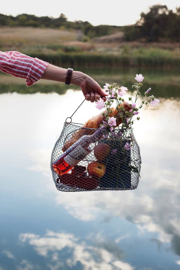 Picnic Basket on the Background of the River Stock Photo Image of