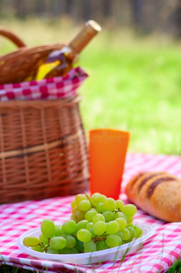 Picnic Basket with Bottle of Wine and Food Stock Image Image of