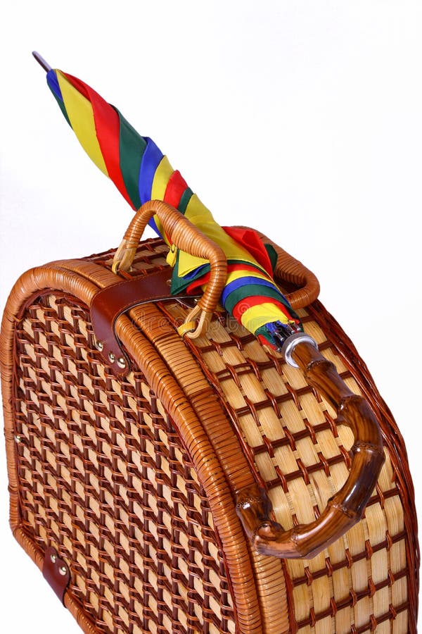 Picnic Basket with a Colorful Umbrella on Top Stock Photo Image of