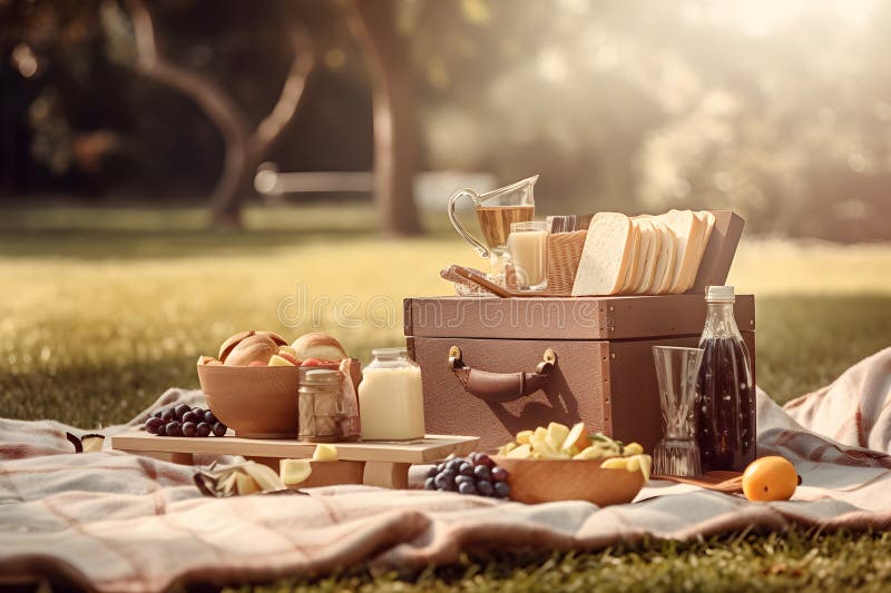 Picnic Basket with Fruit and Bakery on Cloth in Garden. AI Generated