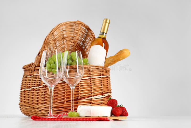 Picnic Basket with Wine, Glasses and Products Stock Photo Image of