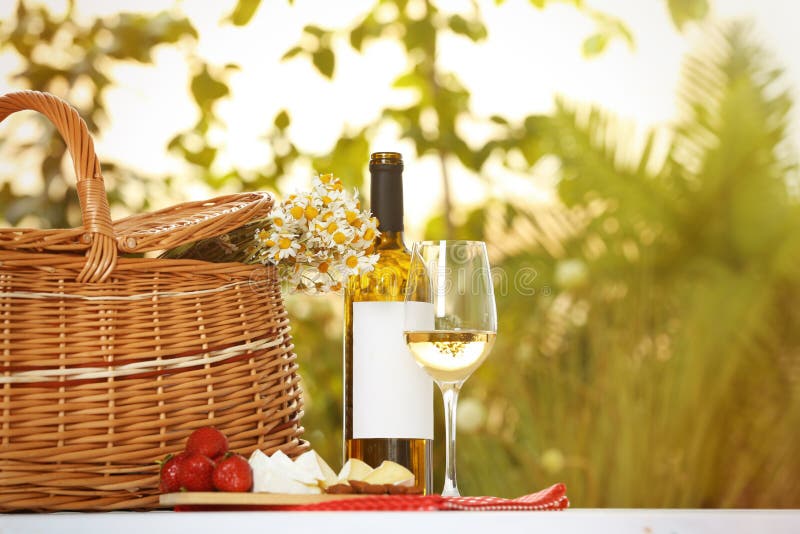 Picnic Basket, Wine and Products on Table Outdoor Stock Photo Image of eating, lifestyle