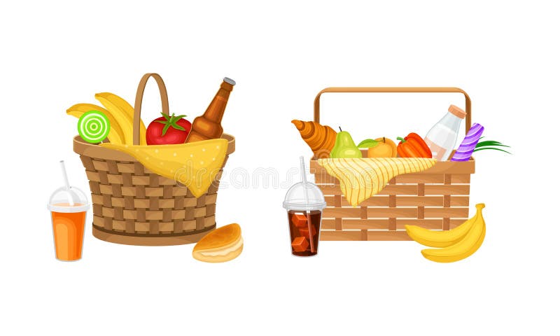 Picnic Baskets Full of Food and Drinks Set. Wicker Hampers with Healthy ...